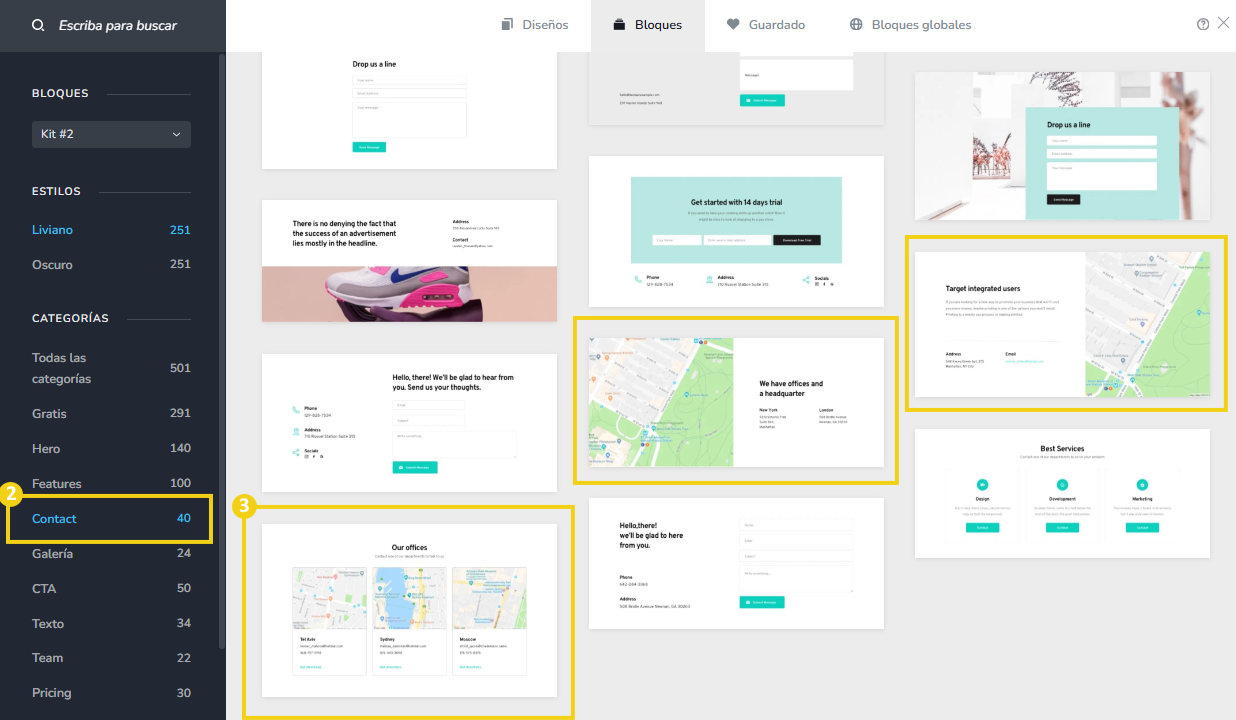 Imagen muestra la pantalla del editor del Nuevo Creador de sitios para elegir un modelo listo con mapa