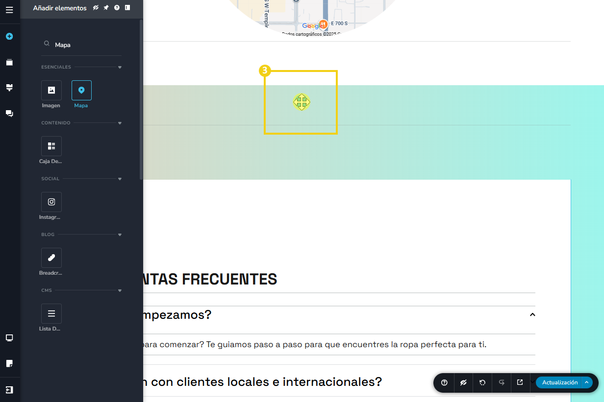 La imagen muestra la pantalla del editor del Nuevo Creador de sitios con la marcación mostrando el ícono siendo arrastrado en la posición del sitio que desea