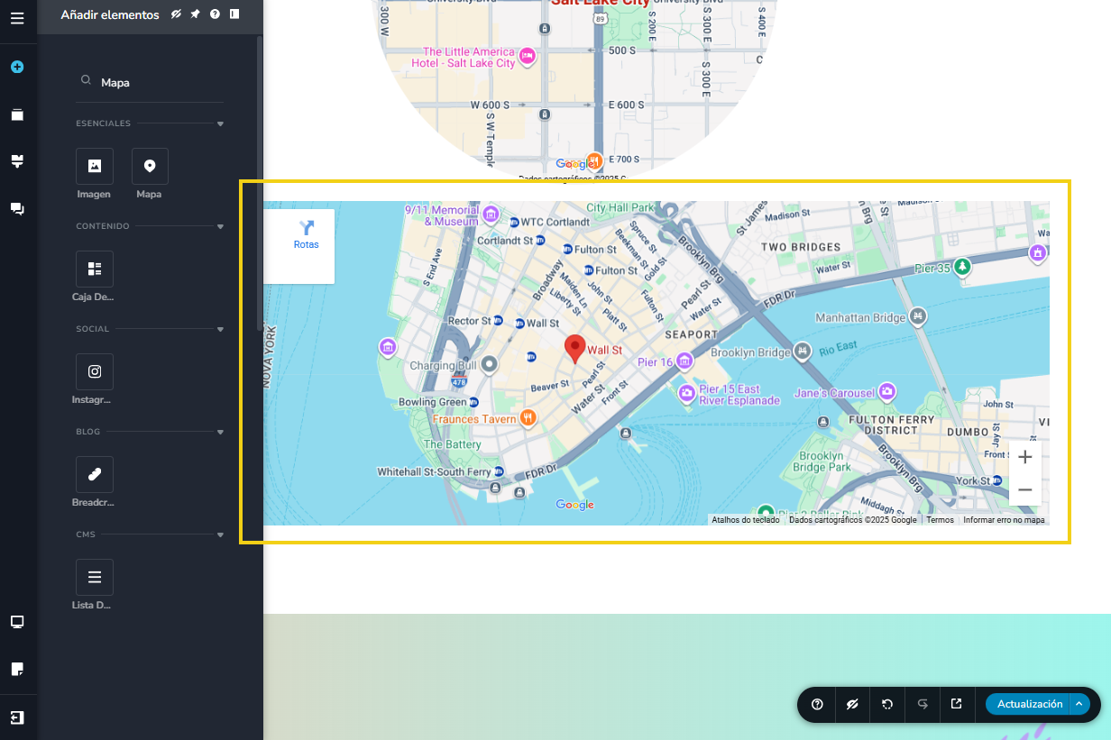 Imagen muestra la pantalla del editor del Nuevo Creador de sitios con la marcación en el mapa añadido