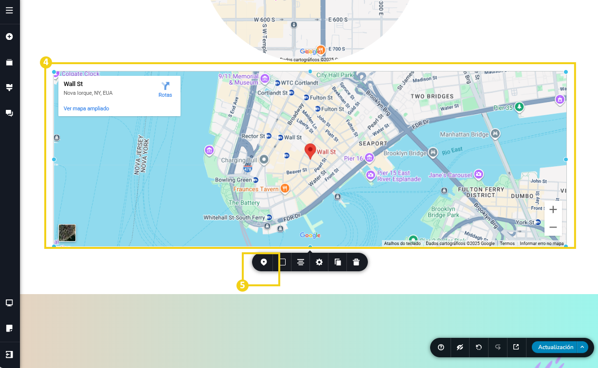 Imagen muestra la pantalla del editor del Nuevo Creador de sitios con la marcación en el menú de herramientas y en el icono de mapa