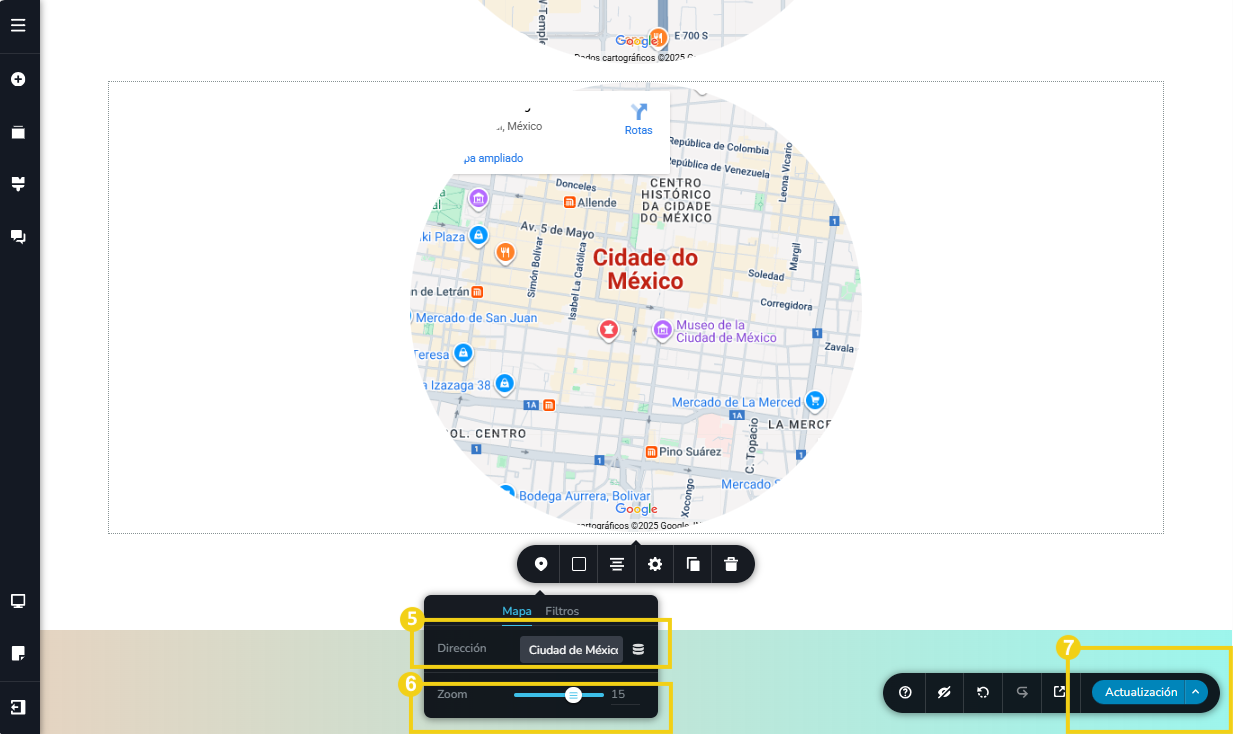 La imagen muestra la pantalla del editor del Nuevo Creador de sitios con la marcación en el menú de herramientas para configurar la información y con marcación en el botón "Actualización"