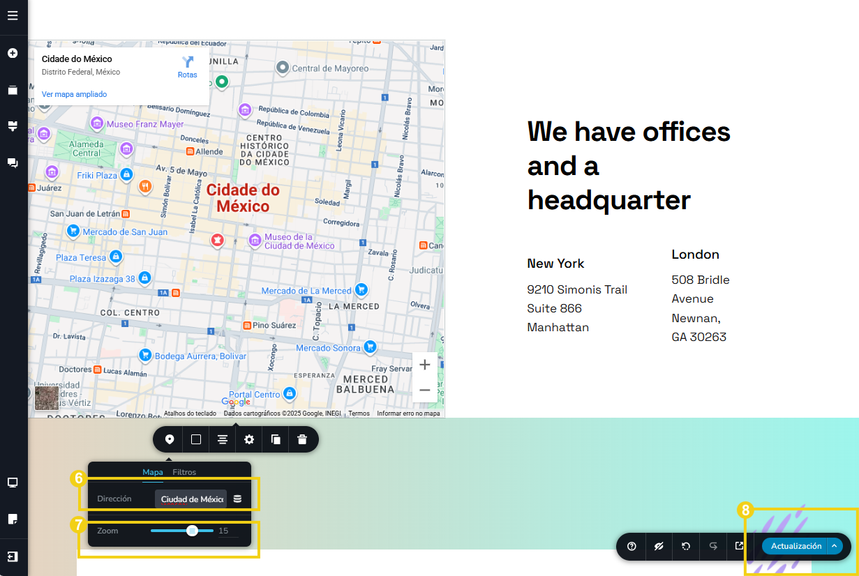 Imagen muestra la pantalla del editor del Nuevo Creador de sitios con la marcación en el menú de herramientas para configurar la información y con marcación en el botón "Actualización"