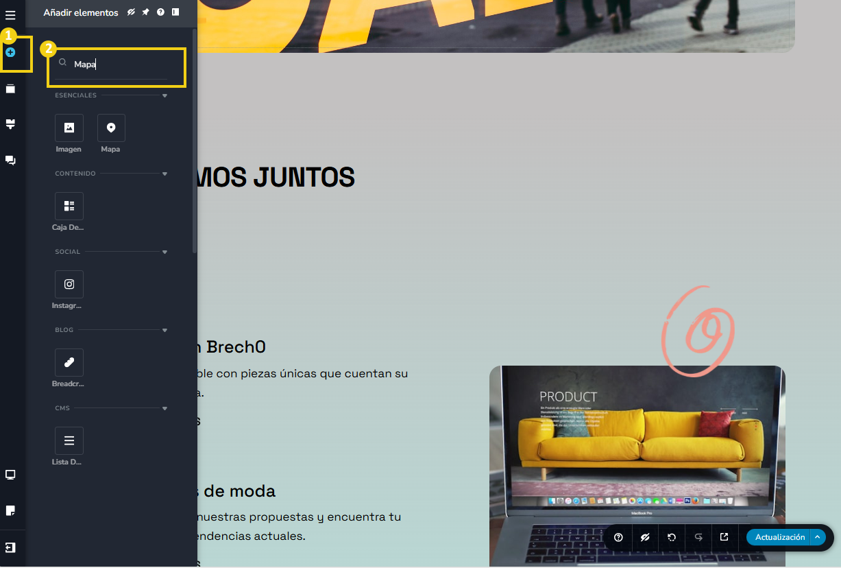La imagen muestra la pantalla del editor del Nuevo Creador de sitios con la marcación en el ícono de elementos y en el campo de búsqueda tiene "Mapa"