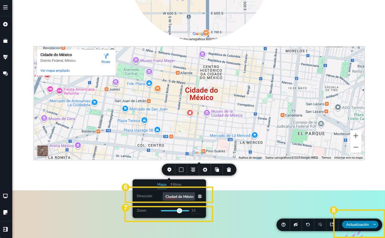 Imagen muestra la pantalla del editor del Nuevo Creador de sitios con la marcación en el menú de herramientas para configurar la información y con marcación en el botón "Actualización"