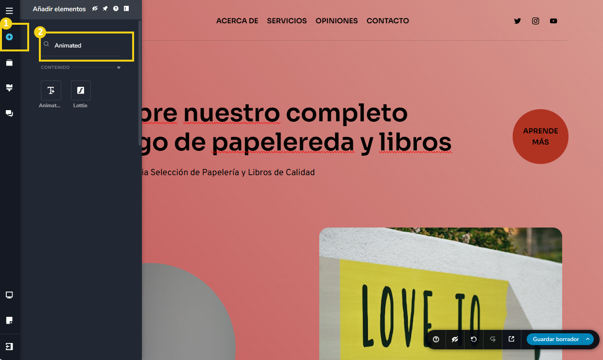 La imagen muestra la pantalla del Nuevo Creador de sitios con IA, con la marcación en el ícono más y en el campo de búsqueda que está escrito "Animated"