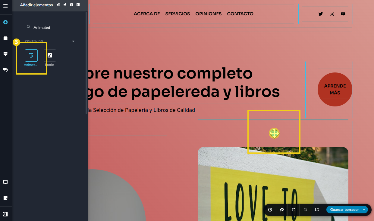 La imagen muestra la pantalla del Nuevo Creador de sitios con IA, con la marcación en el ícono Animated, mostrando el ícono siendo posicionado en la página