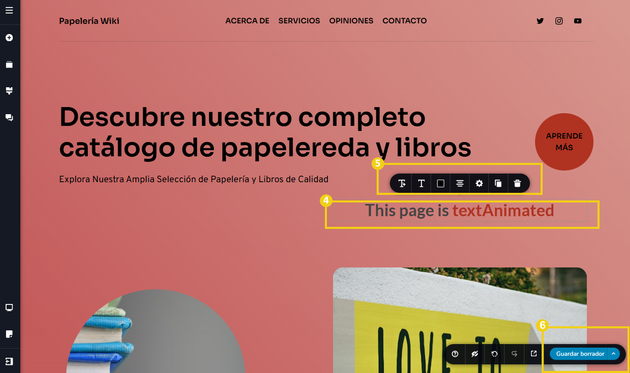 La imagen muestra la pantalla del Nuevo Creador de sitios con IA, con la marca en el ícono añadido, en el menú de herramientas y en el botón Actualización