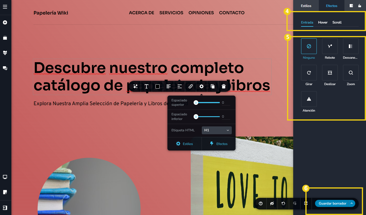 Imagen muestra la pantalla del Nuevo Creador de sitios con IA, con la marcación en los efectos disponibles y en el botón "Actualización"
