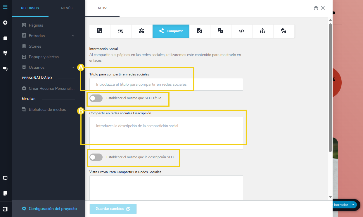 Imagen muestra la pantalla del editor del Creador de sitios con IA, en la configuración de la información para el compartimiento