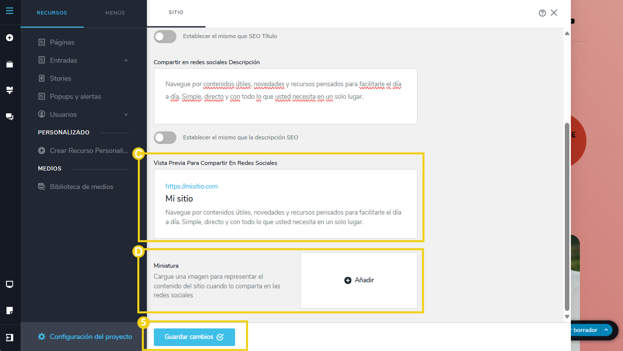 La imagen muestra la pantalla del editor del Creador de Sitios para añadir una imagen y visualizar el enlace de compartición.