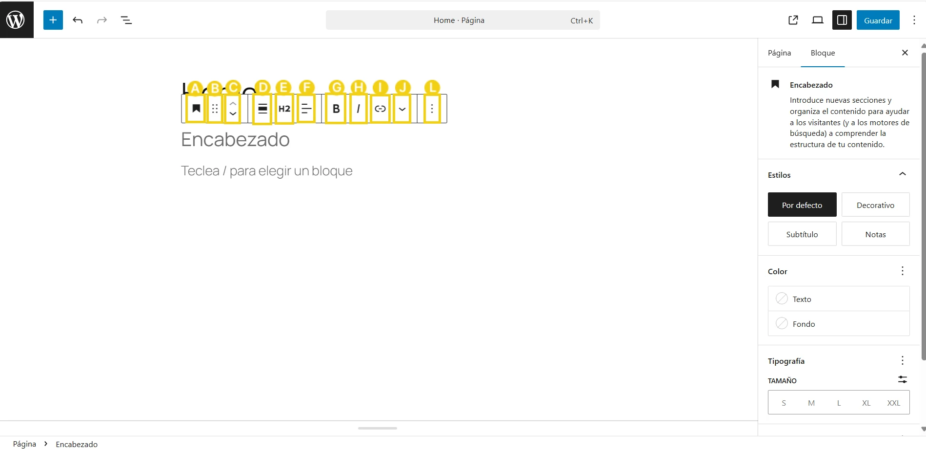 La imagen muestra la pantalla wp-admin de Wodpress, resaltando las opciones de edición del bloque de título.