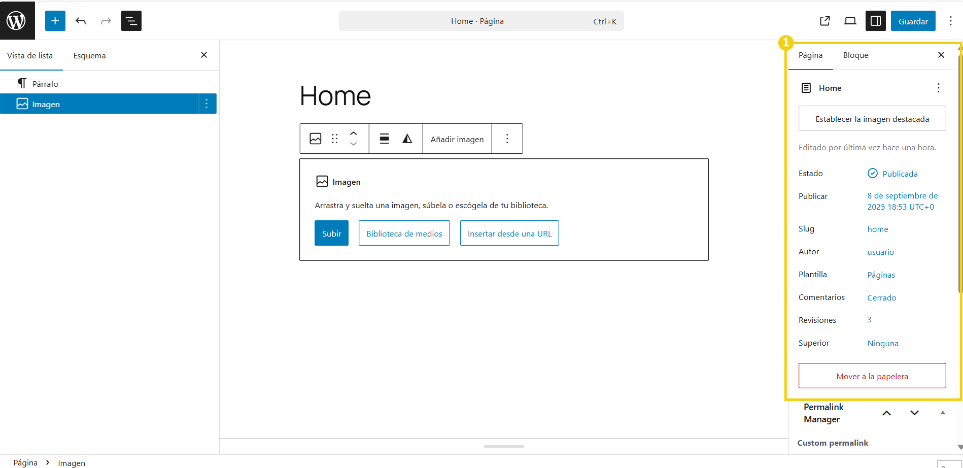 La imagen muestra el panel de administración de WordPress, con las opciones de administración de páginas resaltadas.