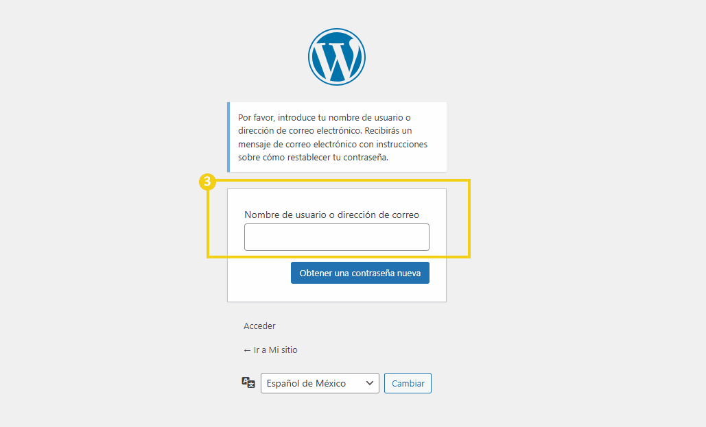  Pantalla de registro para restablecer contraseña en WordPress, mostrando un campo para ingresar nombre de usuario o correo electrónico y un botón para obtener una nueva contraseña.