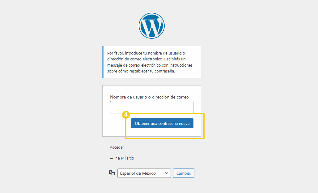  Imagen de la pantalla de registro de usuario de WordPress, mostrando un campo para ingresar un nombre de usuario o dirección de correo electrónico y un botón para obtener una nueva contraseña.