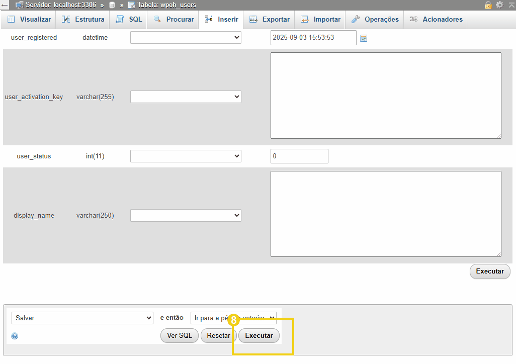 Imagen de una interfaz de base de datos que muestra el proceso de realizar un cambio de contraseña de administrador de WordPress.