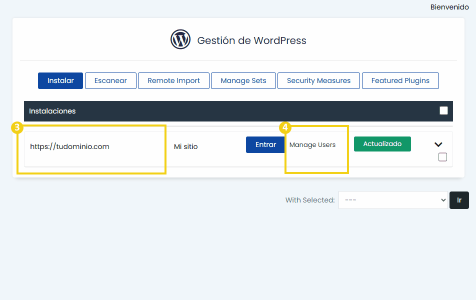 Pantalla de gestión de usuarios en el panel de administración de WordPress, resaltando la opción ‘Administrar usuarios’ para cambiar los datos de acceso.