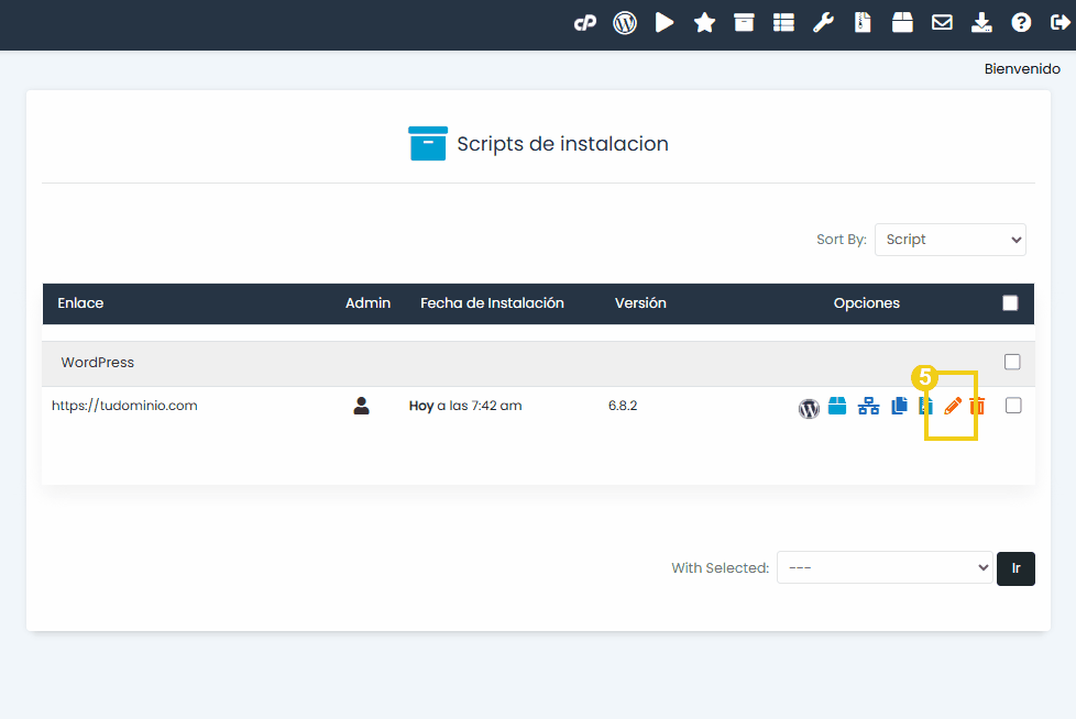 Imagen del panel de WordPress que muestra la instalación de WordPress en una plataforma de administración de sitios web.