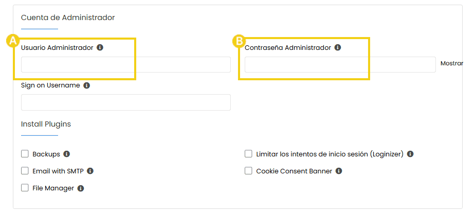 Imagen que muestra la configuración de una cuenta de administrador, incluidos los campos para nombre de usuario y contraseña.