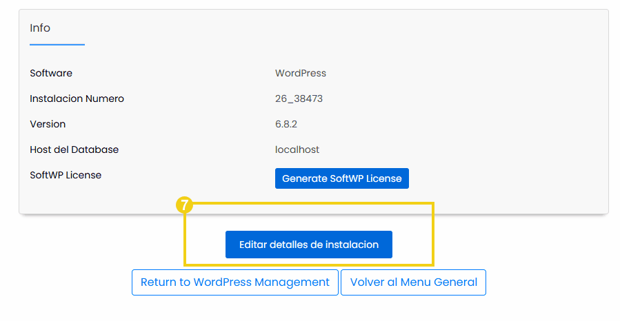 Imagen que muestra los detalles de la instalación de WordPress, incluida la opción de guardar los cambios realizados en la instalación.