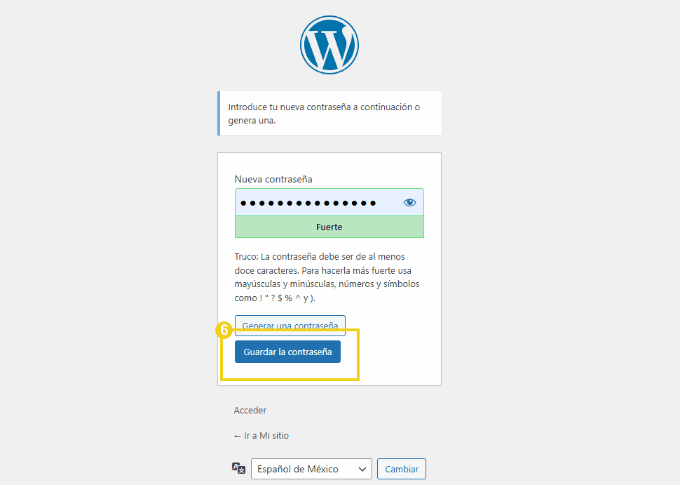 Pantalla de inicio de sesión de WordPress que muestra el campo de nueva contraseña y el botón Guardar contraseña