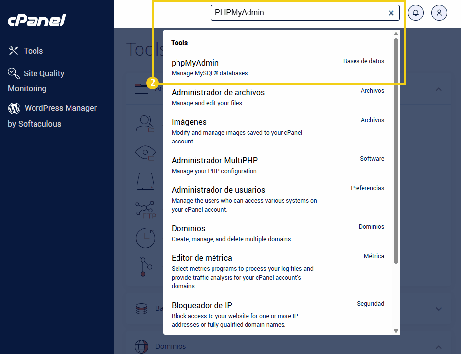 Imagen del panel de control cPanel que muestra el campo de búsqueda para acceder a PHPMyAdmin, una herramienta de gestión de bases de datos MySQL.