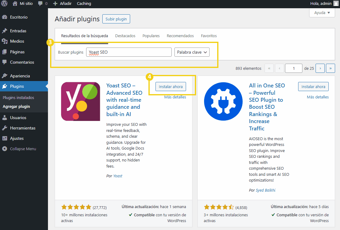 La imagen muestra el panel de administración de WordPress en la página de búsqueda de complementos, resaltando el campo de búsqueda con el nombre "Yoast SEO" escrito y el botón "Instalar ahora".