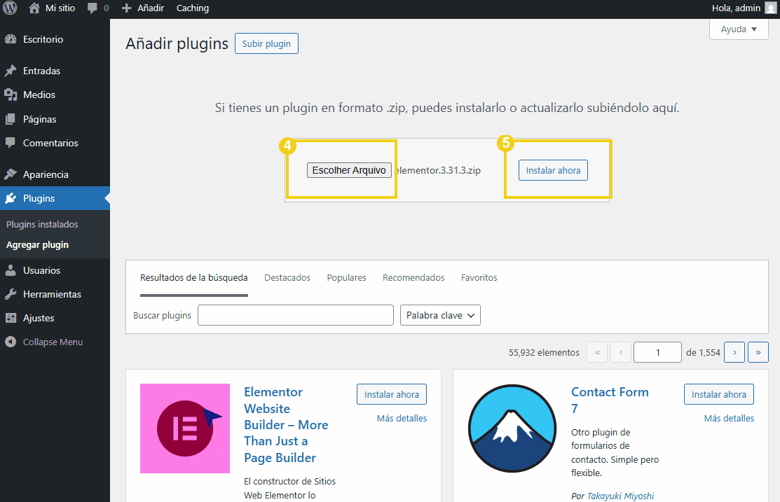 Imagen que muestra el proceso de instalación del complemento en el panel de WordPress, donde el usuario selecciona el archivo .zip y hace clic para instalar el complemento en WordPress.
