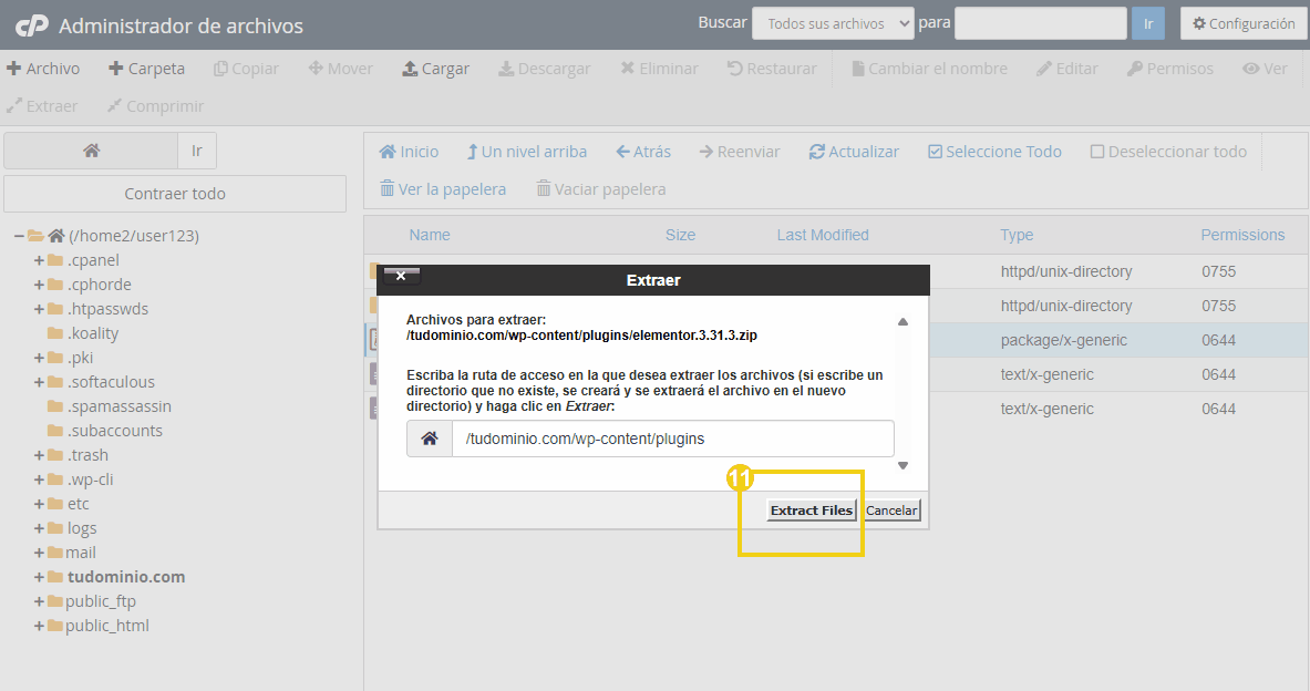 Captura de pantalla del panel del administrador de archivos, resaltando la opción "Extract Files"  