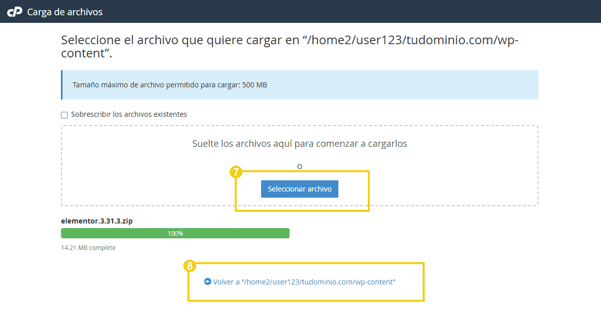 Imagen que muestra el proceso de carga de un archivo al panel de WordPress, resaltando el botón 'Seleccionar archivo' y volviendo a la página de inicio.