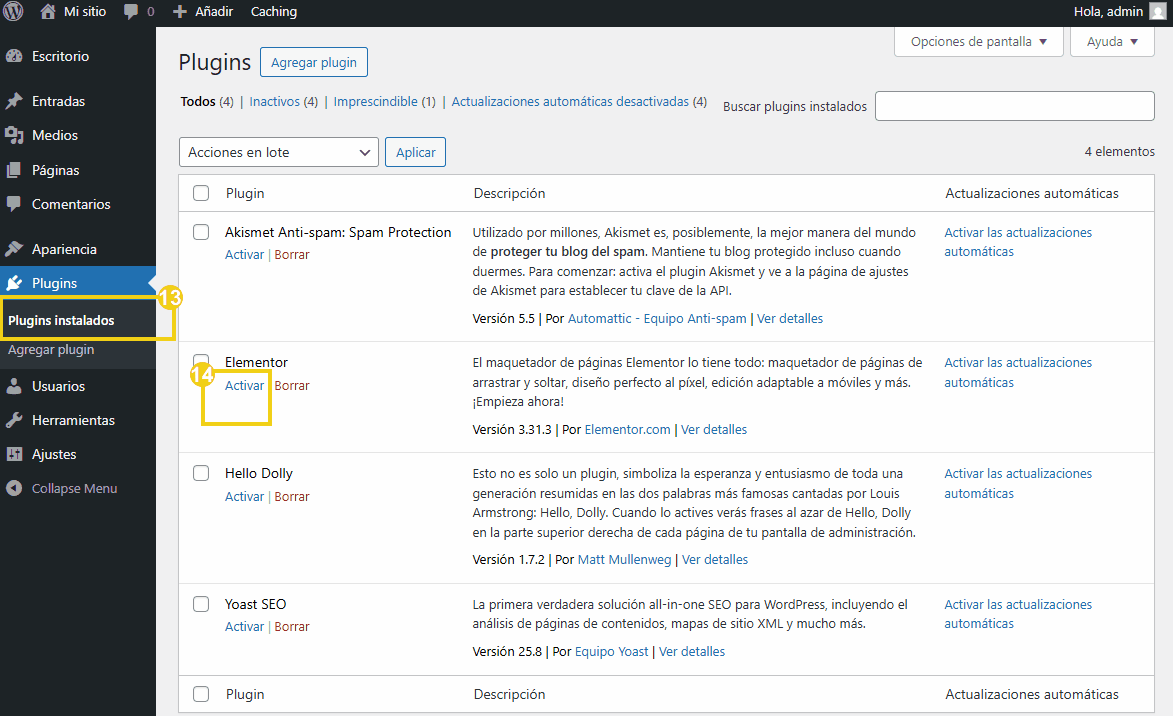 Imagen que muestra el panel de complementos que no son de WordPress instalados, incluido el complemento Element y la opción de activación.