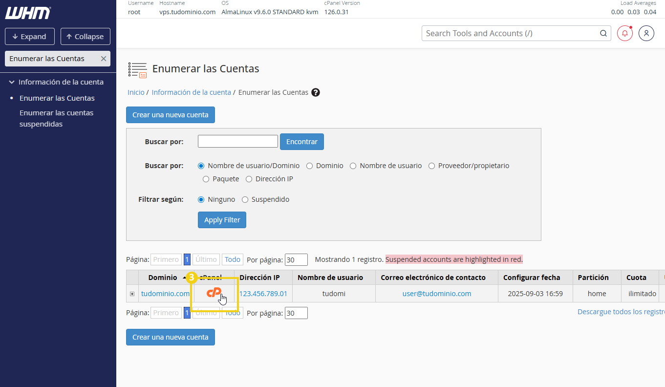 La imagen muestra la pantalla de administración de WHM con el botón naranja "cp" resaltado.