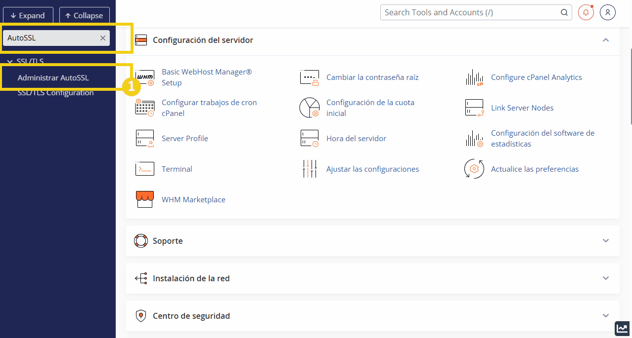 Panel de control de WHM con destaque en la opción “Administrar AutoSSL” en el menú de la izquierda, mostrando configuraciones de seguridad y gestión de certificados SSL