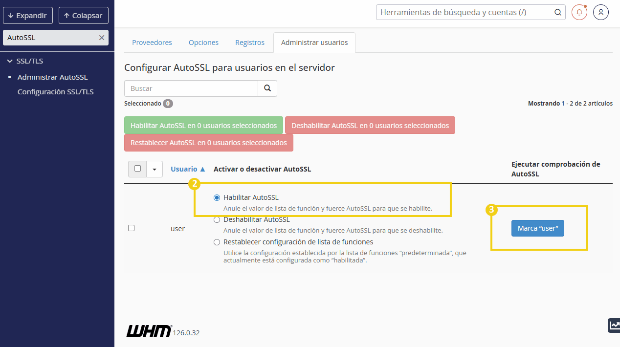 Configuración de AutoSSL en WHM, mostrando opciones de activación y verificación del usuario “usuario1” en el panel de administración para optimizar la seguridad del servidor.