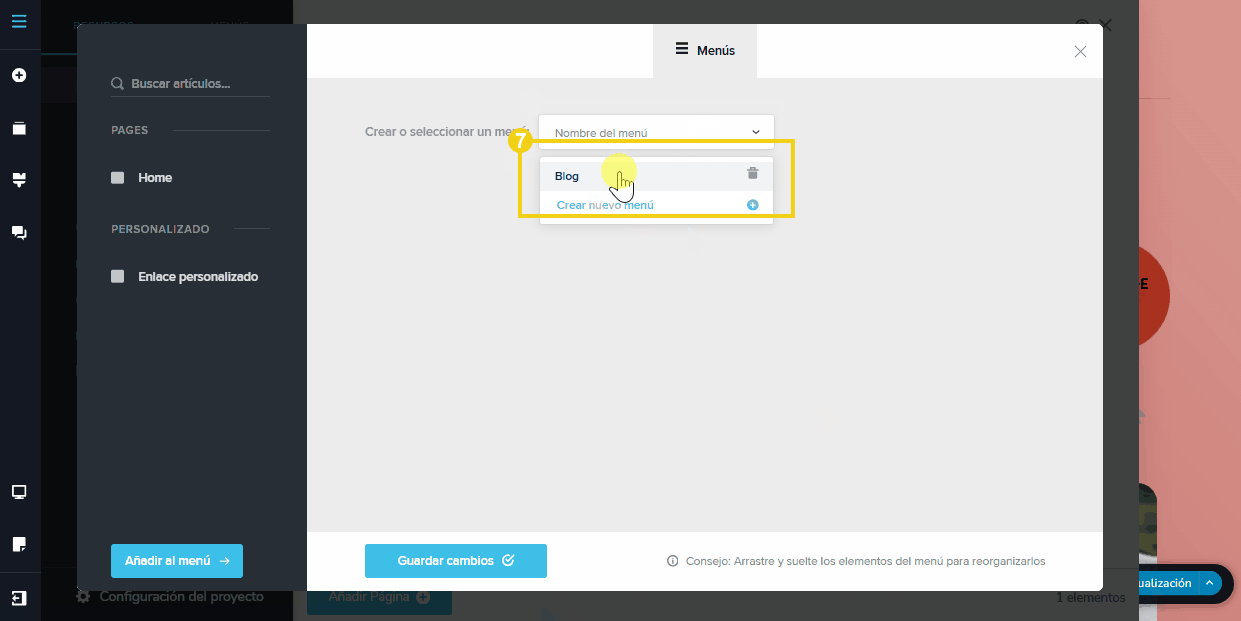 Imagen muestra la pantalla del editor del Creador de sitios con IA, con el destaque en el clic sobre el menú creado.