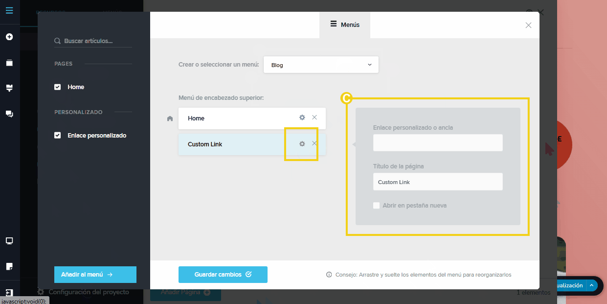 Imagen muestra la pantalla del editor del Creador de sitios con IA, con el destaque en el ícono de engranaje de la opción “Custom Link” seguido del campo “Enlace personalizado o ancla” y “Título de la página”. 