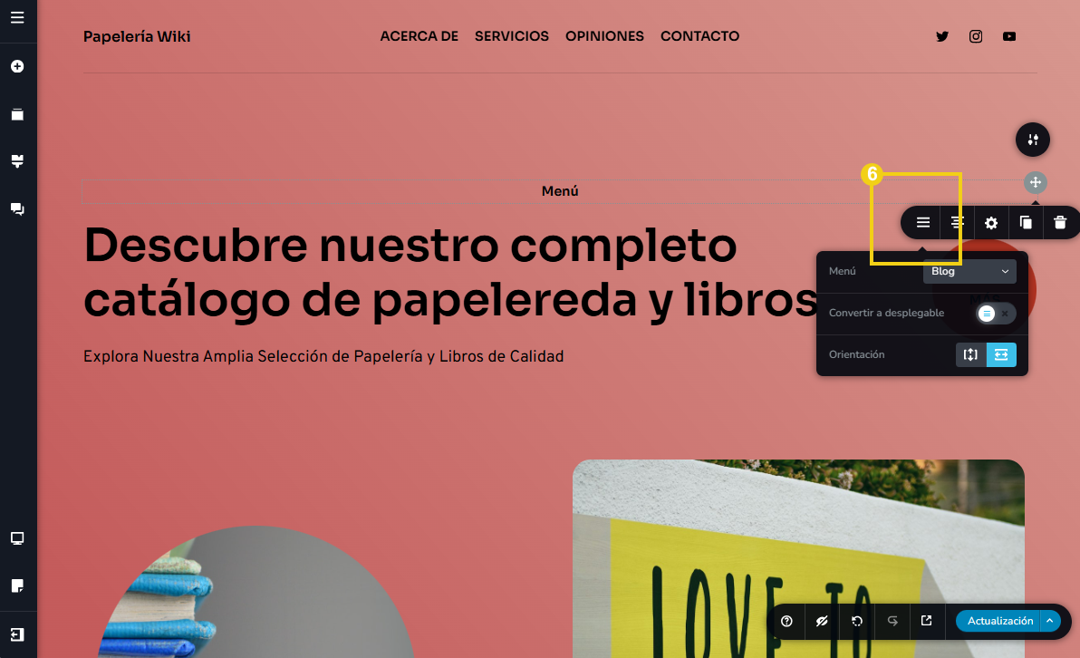 Imagen muestra que se abre el menú de herramientas y debe hacer clic en el primer ícono que corresponde a la configuración del menú que desea agregar
