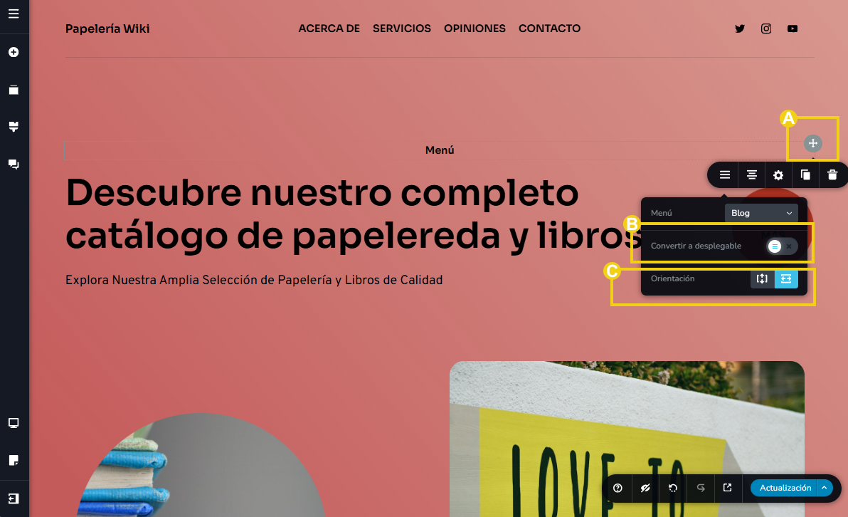 La imagen muestra la pantalla del editor del Creador de sitios con IA destacando la selección del menú, opciones para activar la opción “haga un hamburguesa” y también “orientación” 