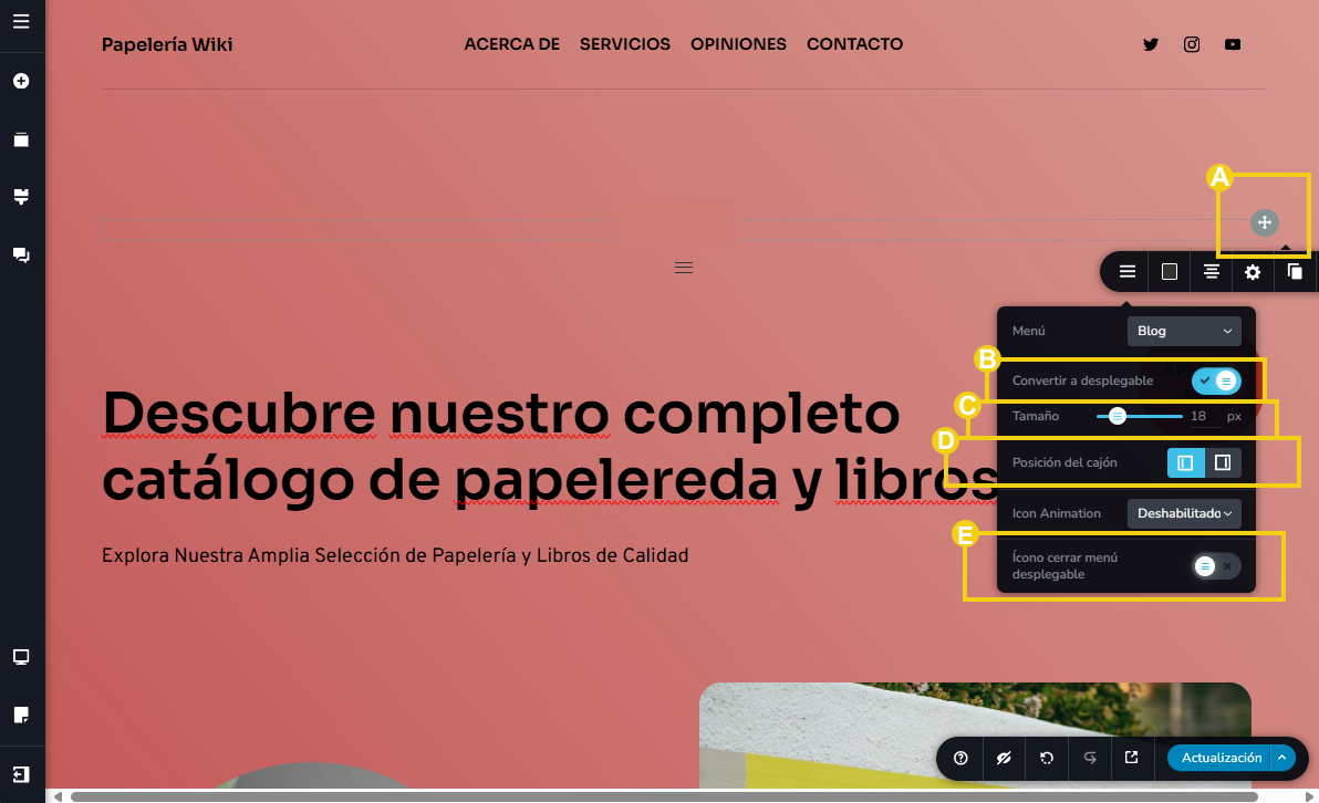 Imagen muestra la pantalla del editor del Creador de sitios con IA destacando la selección del menú y cada opción disponible para personalización.