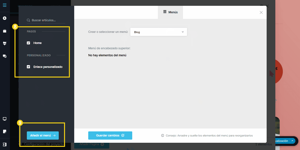 Imagen muestra la pantalla del editor del Creador de sitios con IA, con el destaque en las opciones de Categorías, Páginas, Publicaciones y Personalizado. Destacando abajo la “opción Agregar al Menú” 