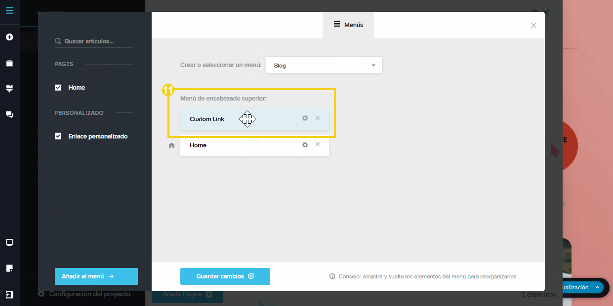 Imagen muestra la pantalla del editor del Creador de sitios con IA, con el destaque en la selección del mouse sobre uno de los menús. 
