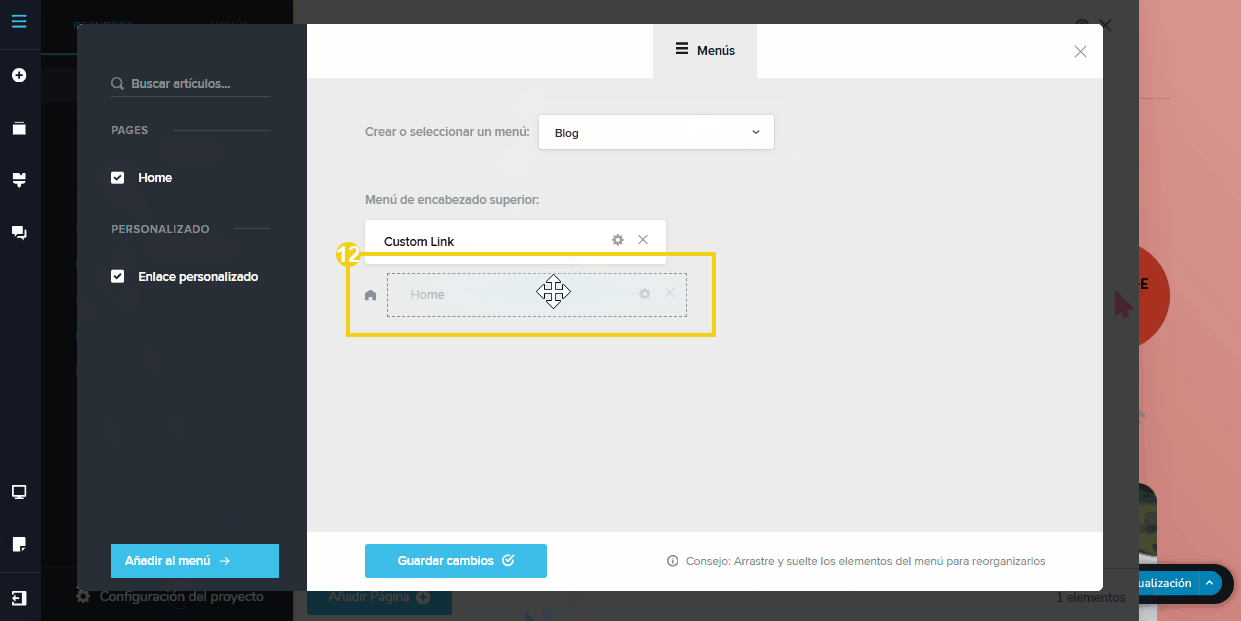 La imagen muestra la pantalla del editor del Creador de sitios con IA destacando el sangrado en la opción configurada como submenú de la página “Blog” 