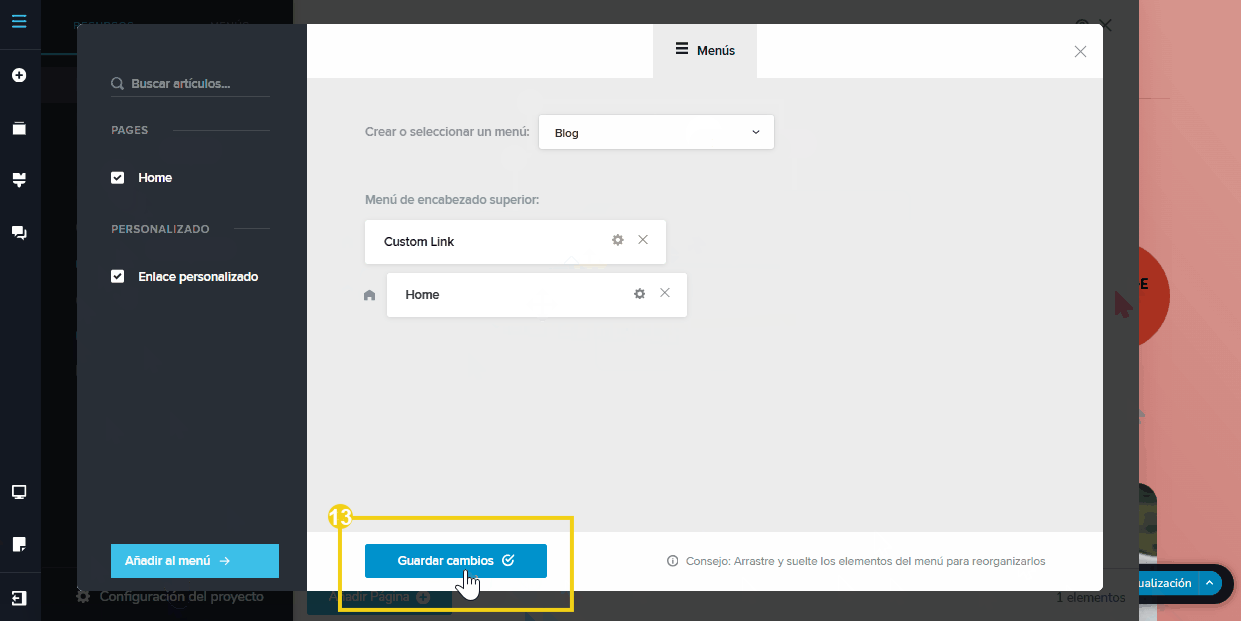 La imagen muestra la pantalla del editor del Creador de sitios con IA destacando la opción “Guardar cambios” 
