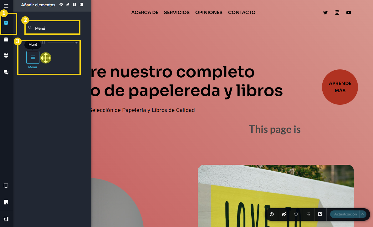 Imagen muestra la pantalla del editor del Creador de sitios con IA destacando la opción con ícono de “+”, el texto “menú” digitado en el campo de búsqueda y el ícono de “menú” 