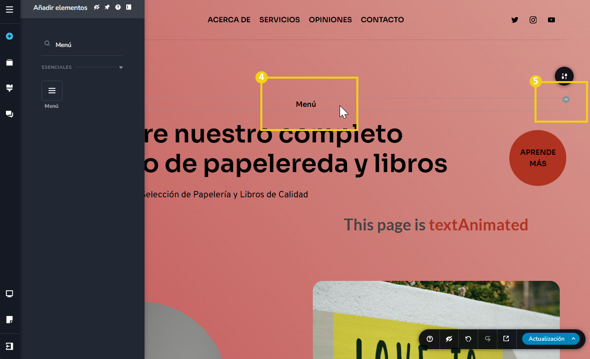 Imagen muestra la pantalla del editor del Creador de sitios con IA destacando la selección en el campo “Seleccione un menú entre las opciones de elementos” y destacando el ícono de flecha.