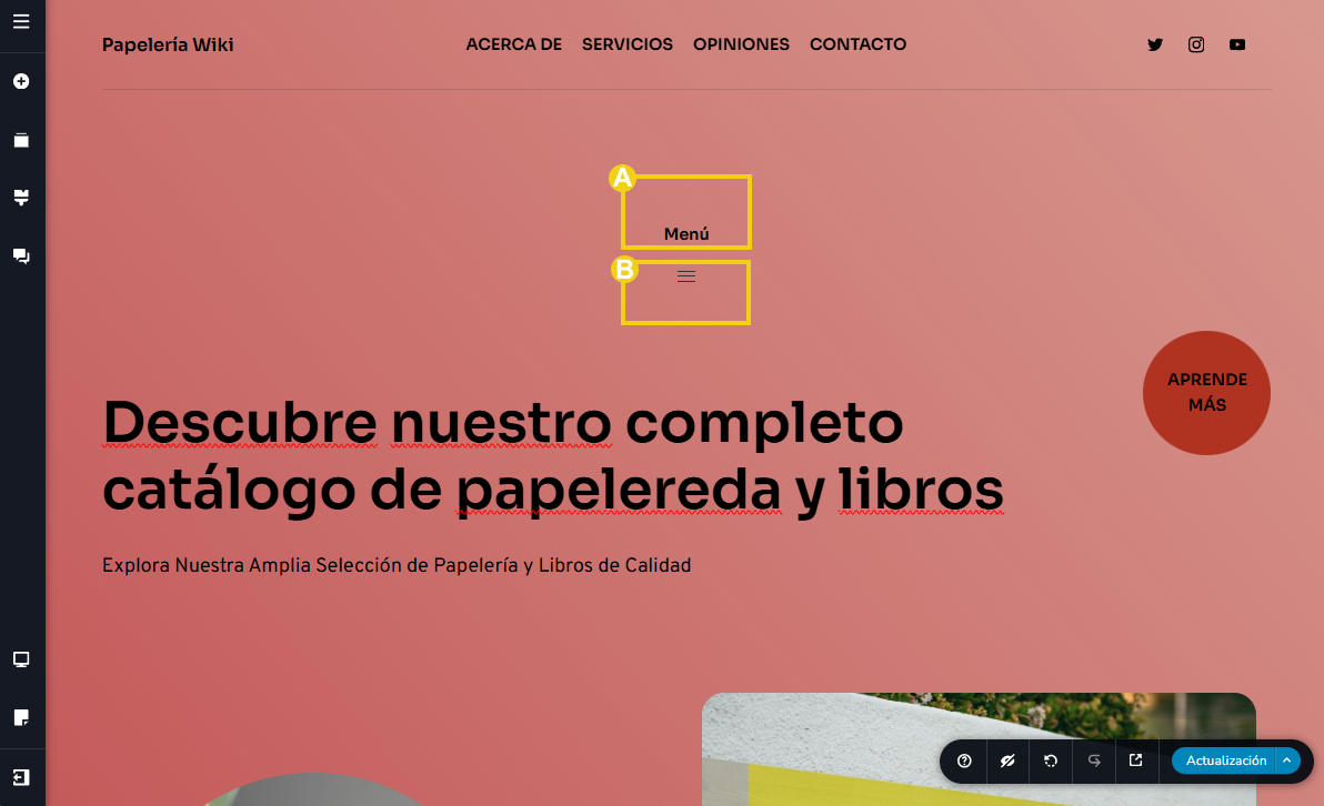 Imagen muestra la pantalla del editor del Creador de sitios destacando dos tipos de menú: Ícono con tres líneas o nombre del menú.