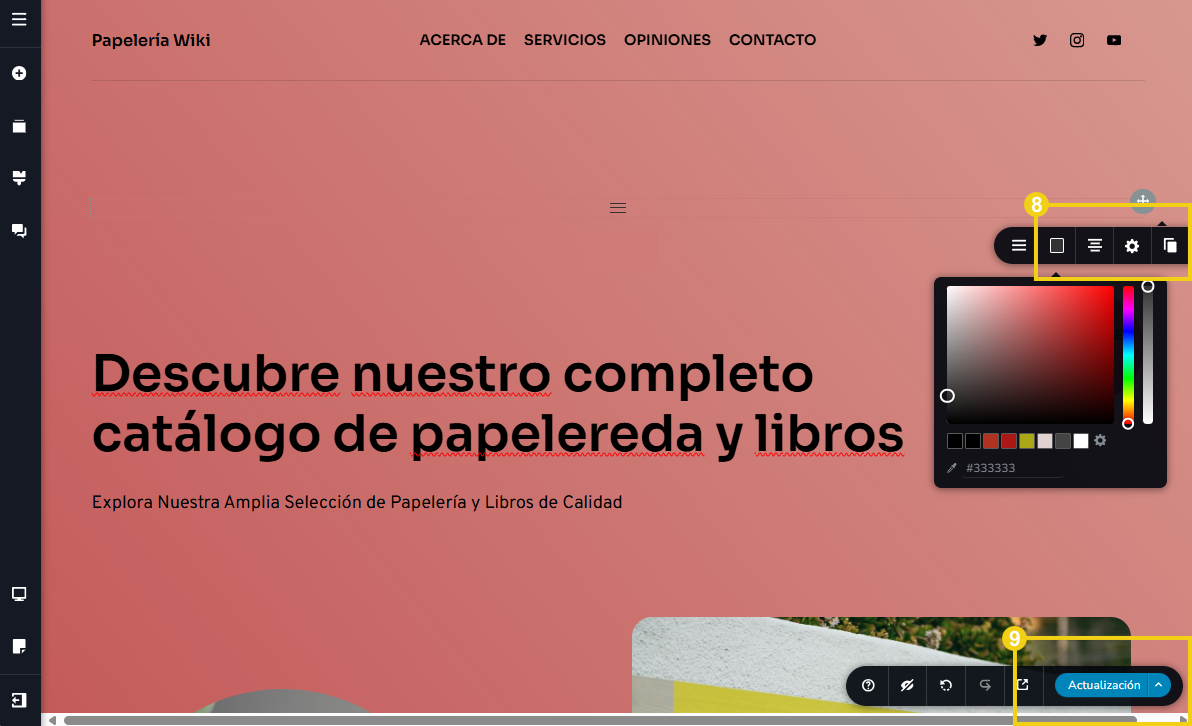 Imagen muestra la pantalla del editor del Creador de sitios con IA destacando el campo para personalizaciones y el botón “Actualización”