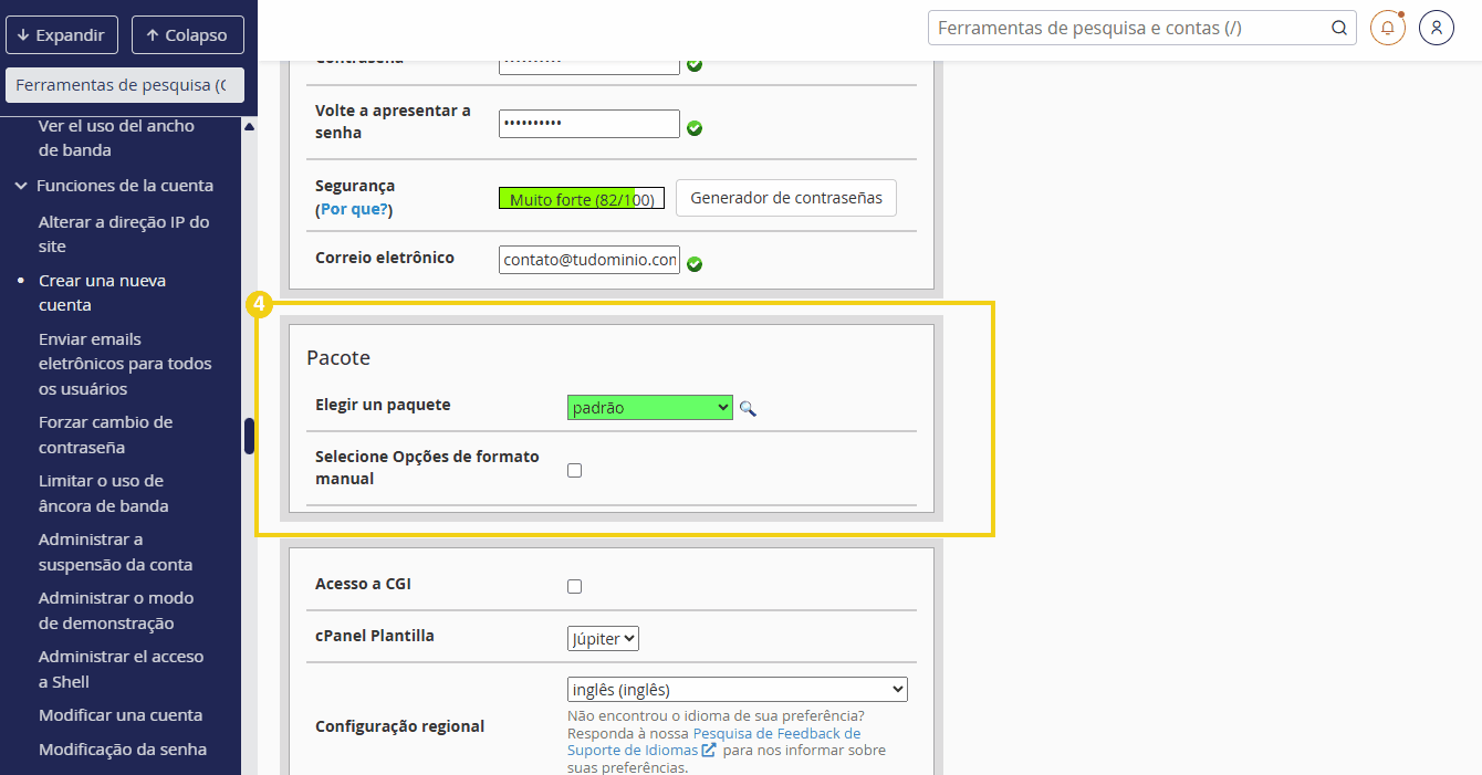 Imagen muestra la pantalla del cPanel para seleccionar el paquete