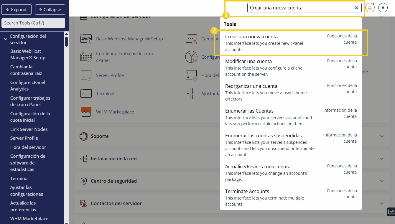 La imagen muestra la pantalla de cPanel, con la marca de verificación en el campo de búsqueda indicando la búsqueda de "Crear una nueva cuenta"