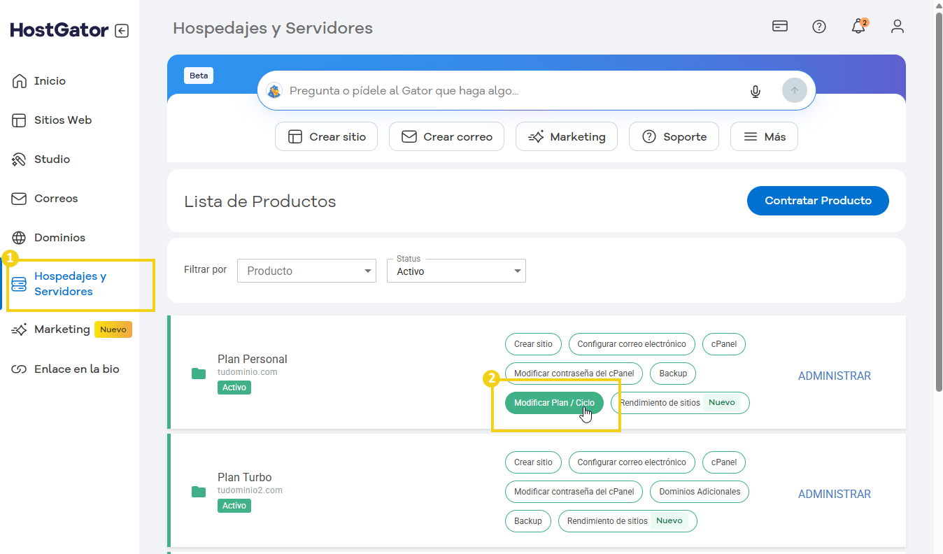 Cómo cambiar el ciclo de pago de su hosting – 1 Texto alternativo: Imagen de un panel de administración de HostGator, que muestra las opciones de administración de servidores y hosting con 'Cambiar plan/ciclo' resaltado
