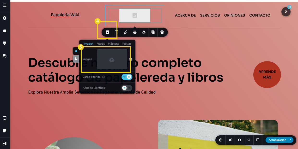 Imagen muestra la pantalla del editor del Creador de sitios con IA destacando la opción para carga de imagen.